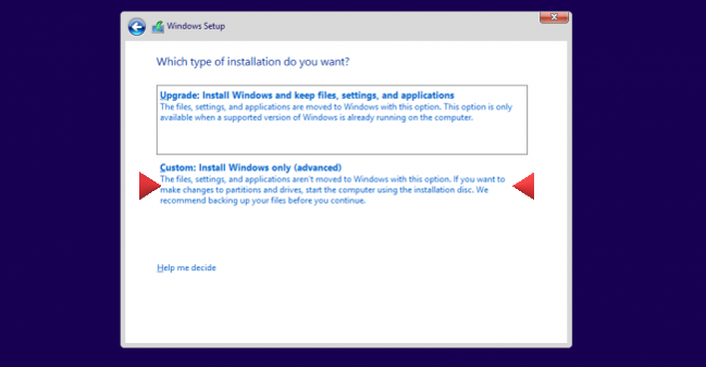 Select Custom Install. Do not select Upgrade